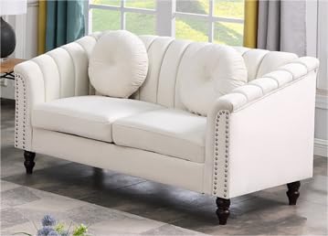 Graceful Chesterfield Sofa Living Room Furniture Set Fashion Rivet Velvet Striped Back Sofa and Loveseat Chair Sets Couches for Living Room (Cream White Velvet, Sofa+Loveseat+Chair)