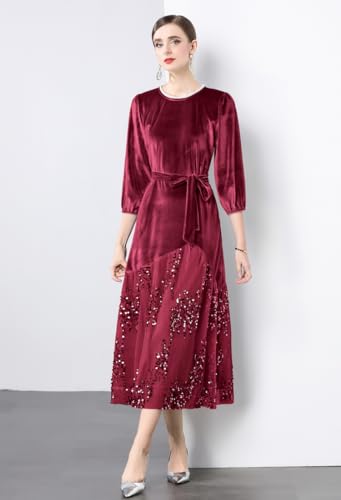 LAI MENG FIVE CATS Women's Velvet Crew Neck Three-Quarter Sleeves Lace Patchwork Sequins Midi Dress with Belt2