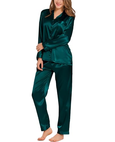 Image of SWOMOG Long Sleeve Pajamas Set Silk Satin Sleepwear Button Down Pjs Loungewear with Pocket