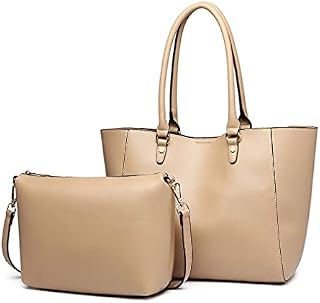 Miss Lulu Women Fashion Handbags PU Leather Top Handle Tote Bag Shoulder Satchel Bag 2pcs Set (Apricot)