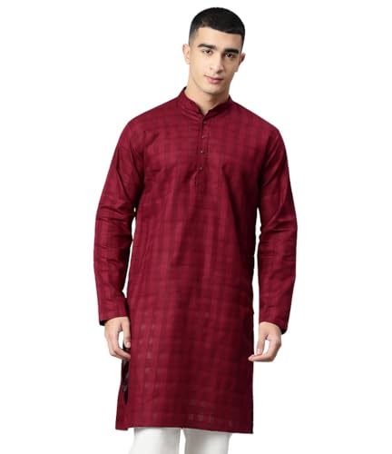 Image of Majestic Man Men's Pure Cotton Textured Check Mandarin Collar Long Kurta