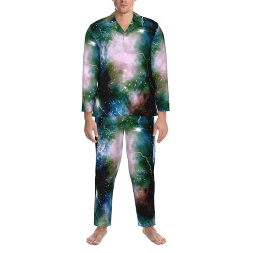 Watercolor Clouds Stars And Tie Dye Mens Pajamas Set Button Down Sleepwear Set Long Sleeve Loungewear With Pockets