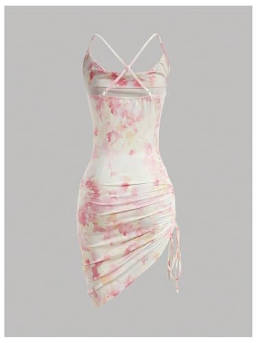 Image of SOLY HUX Women's Tie Dye Cami Dress Ruched Drawstring Cowl Neck Spaghetti Strap Bodycon Mini Dresses Multicoloured Floral Large