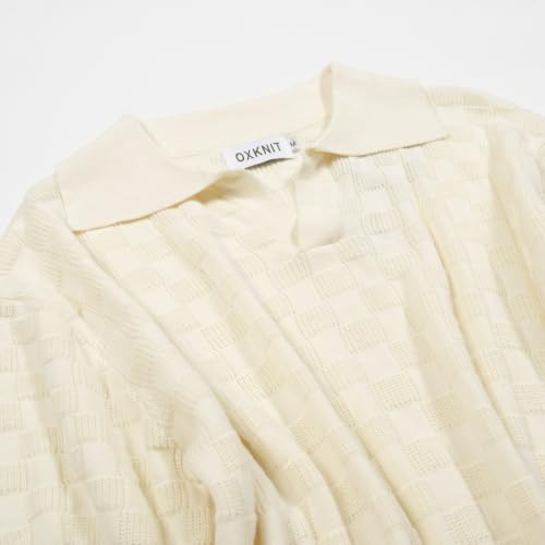 OXKNIT Polo de punto para hombre, textura retro lisa, manga corta, cuello en V, algodón transpirable para golf, beige miniatura 3