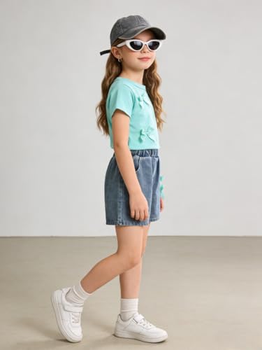 Image of Azmxynol Kid Girls Clothes Outfits Bowknot T-Shirt + 2 In 1 Denim Short Skort Summer Clothing Set, Size 4-10 Years
