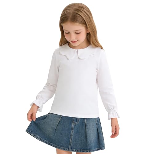Image of 12M-14Y Toddler Baby Girls Peter Pan Collar Blouse Kids Girl Solid Color Puff Sleeve T-Shirts Casual Tee Tops