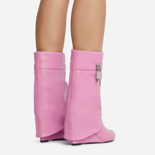 Image of keleimusi Fold Over Wedge Boots Heeled PadLock Pant Knee High Shoes Tall /Short Booties