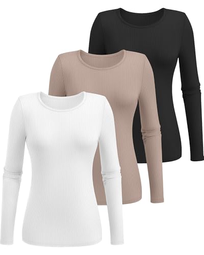 Ficerd 3 Pack Women's Ribbed Long Sleeve Tops, Crew Neck Slim Fit Undershirts Knit Basic Casual Stretch Layering Tee Shirts2