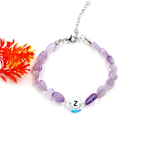 Image of Uloveido Purple Natural Stone and Austrian Crystal Letter Bracelet, Personalized Initial Jewelry for Women A-Z 26 Letters