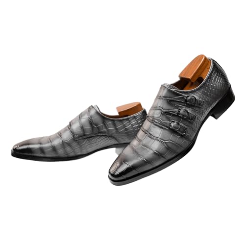 Mens Three Monk Strap Slip on Loafer Leather Oxford Formal Business Casual Comfortable Dress Shoes for Men