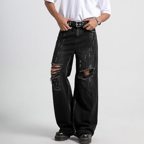 COOLMONAR Men's Baggy Jeans Ripped Black Wide Leg Distressed Destroyed Jean Denim Pants2