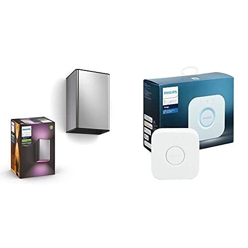 Image of Philips Hue Resonate White & Colour Ambiance LED Smart Outdoor Wall Light 2 Pack [INOX]+ Hue Bridge. Works with Alexa, Google Assistant and Apple HomeKit.