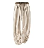 Mnjyihy Sarouel décontracté en coton et lin pour femme, taille élastique, confortable, coupe droite, coupe ample, abricot, M