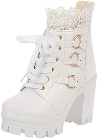 MISSUIT Damen Schnür Ankle Boots Blockabsatz Plateau High Heels Stiefeletten mit Schnürung und Reißverschluss hinten Spitze