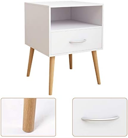 Jooli H Wood White Bedside Table Cabinet Storage Nightstands 1 Drawer with Metal Handle, 42 x 40 x 56 cm