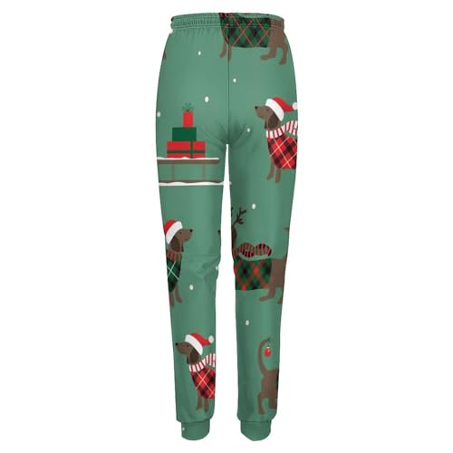 Qjjinxior Jogginghose, Palmblatt- und Monstera-Sweathose, Damenhose mit Kordelzug für Workout, Lounge, Sport, Weihnachtlicher Dackel-Hund, XL