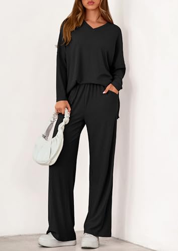 PRETTYGARDEN 2 Piece Lounge Sets for Women Fall Outfits 2025 Casual Loose Long Sleeve Tops Wide Leg Pants Matching Pajama Set