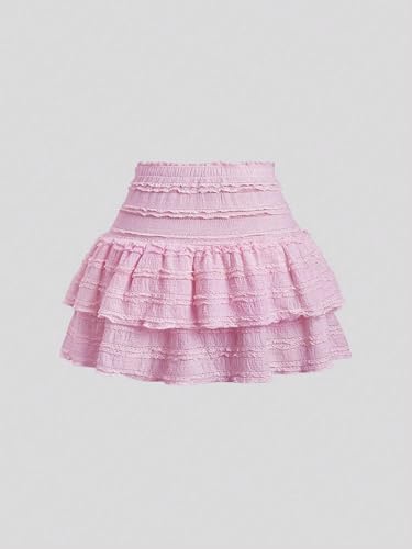 Skirts for Women, Solid Color Ruffle Trim Double Hem Skirt Casual Mini Short3