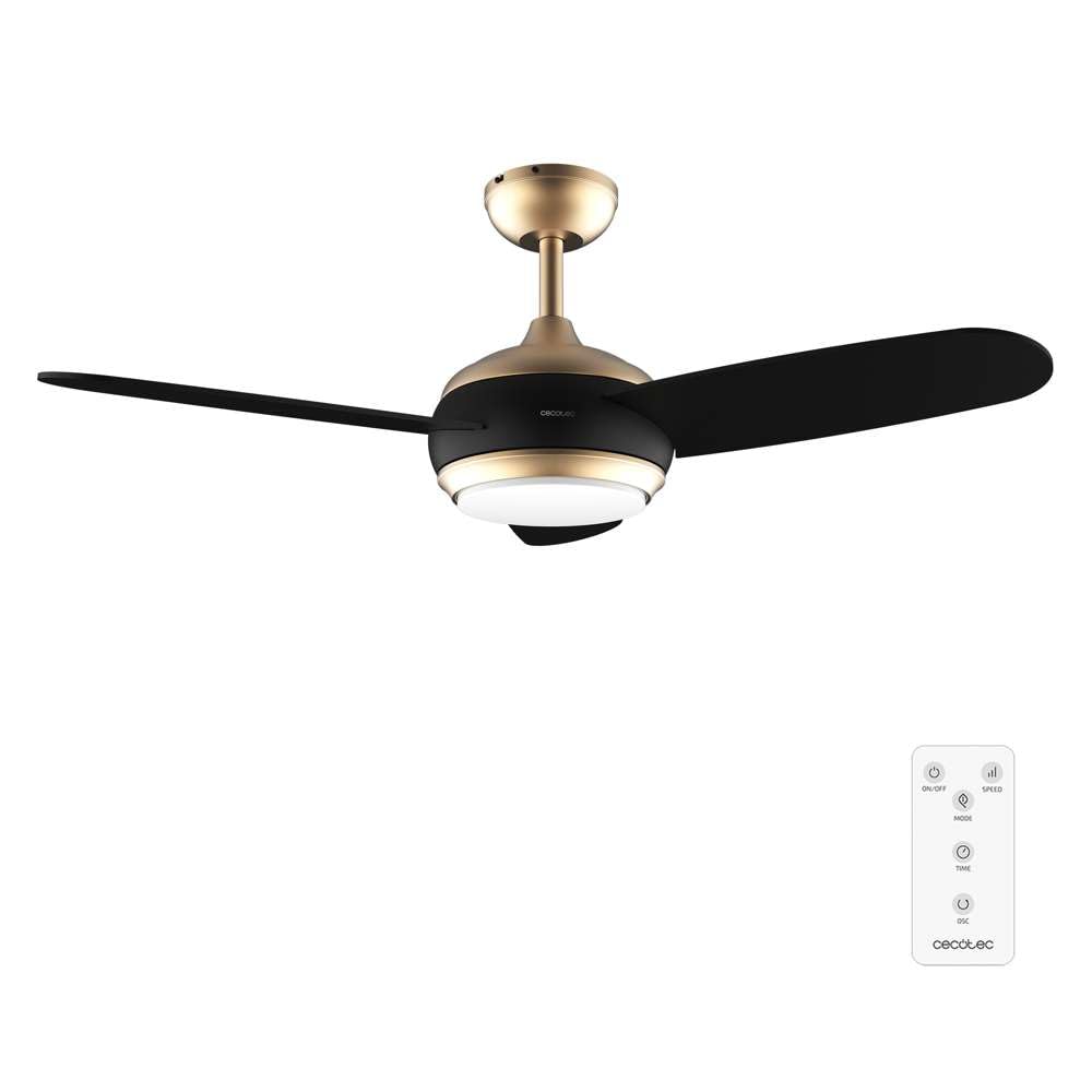 Cecotec Ventilador de Techo con Luz EnergySilence Aero 4265 GoldBlack. 65 W, Diámetro 42” con luz LED de 18W, Mando a distancia, Temporizador programable, 3 Velocidades, 3 Aspas