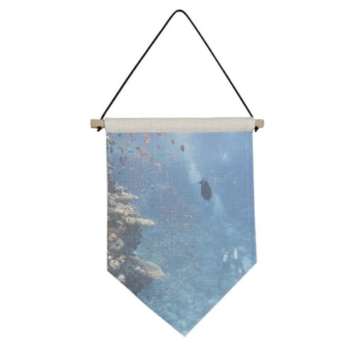Bannière poissons océan en toile canvas durable avec suspension bois