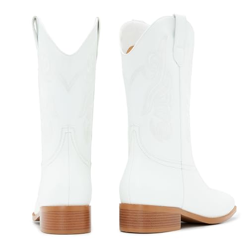 Image of Cowgirl Boots Square Toe Cowboy Boots For Women Ladies Mid Calf Low Heel Flat