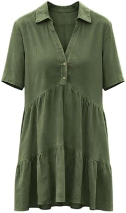 Frostluinai Bohemian Dresses for Women Womens Cotton Linen Dresses Summer Casual Loose Fit Sundress V Neck Button Down Short Sleeve Mini Dress Green — view 7
