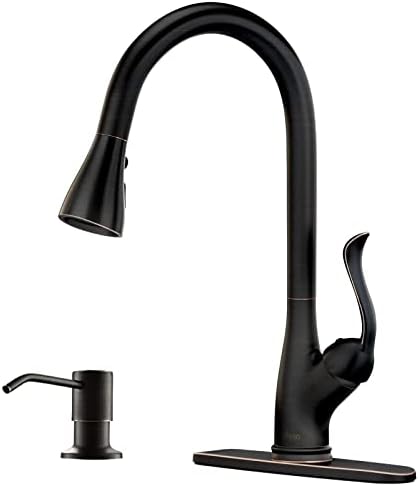 APPASO Patented Pull Down Kitchen Faucet with Sprayer Oil Rubbed Bronze - Single Handle Antique One Hole High Arc Pull Out Kitchen Sink Faucets and Soap Dispenser,