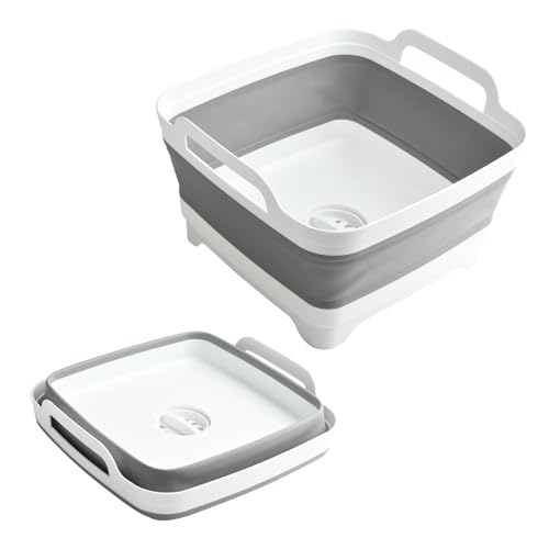 Image of Collapsible Dish Basin Foldable Kitchen Sink With Drain Plug Plastic Laundry Tub 9L/2.4Gal RV & Camping Wash Basin Space-Saving Bottle Washing Sink(Gray)