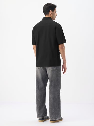 Image of The Souled Store Zipper Shirt: Men and Boys Short Sleeve Spread Collar Zipper Front Solid Textured Regular Fit Casual Easy to Style Everyday Office Wear Cotton Shirt