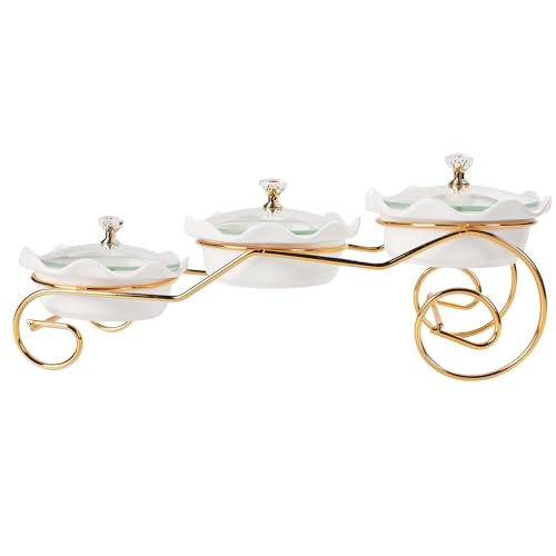 jinsongdafa Ceramic Serving Bowls with lid Metal Dishes, 3 Removable Small Bowls Relish Tray Nuts Dishes for Snack, Fruits, Sugar, Candies - for Parties, Party, Gift