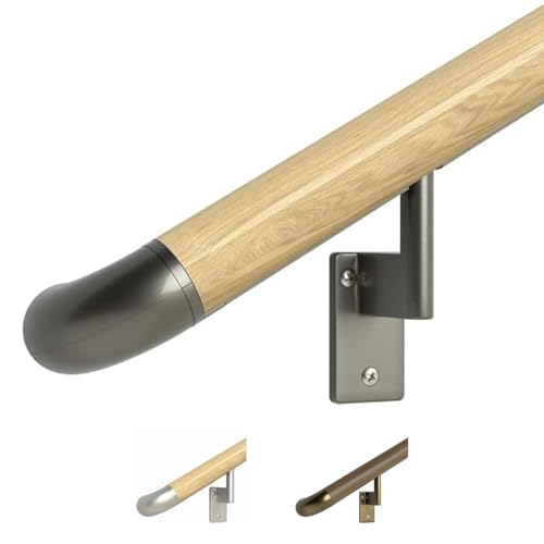 Promenaid Oak 14ft ADA Handrail Kit - Complete Indoor Stair Handrail - Modern 1.6" Round Genuine Wood Wrapped Aluminum Core Railing with 5 Matte Nickel Painted Pivoting Brackets & ADA Wall Returns