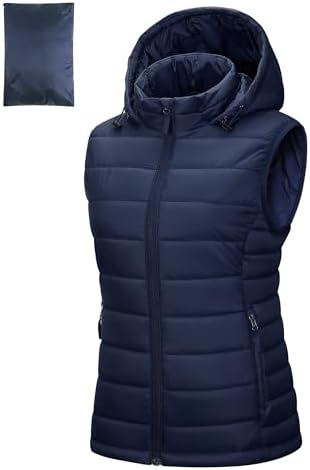 Outdoor Ventures Damen Steppweste mit Kapuze Packbare Übergangswesten | Wasserabweisend, Warm, Leicht, 3 Taschen, Gefütterte Hybrid, Durchgehendem Reißverschluss, für Wandern Campi