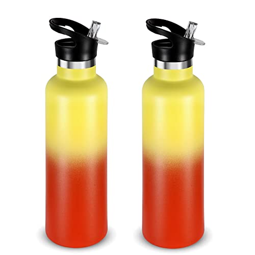 Volhoply 750ml Insulated Water Bottles Bulk 2 Pack,Stainless Steel Double Wall Sport Bottle with Straw Lid,Metal Reusable with Hand Cap for Cyclists,Gift (Yellow-Orange Gradient