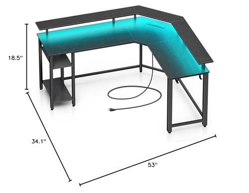 Rolanstar L Shaped Gaming Desk with LED Lights & Power Outlets, 46.2" Computer Desk with Full Monitor Stand & Storage Shelf, Corner Desk with Hooks, Black Desk Reversible
