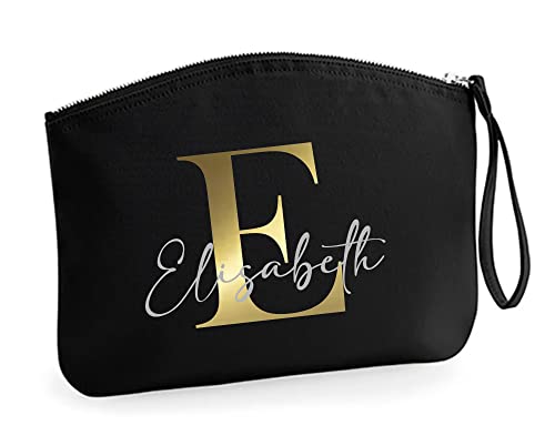 Schminktasche für Mädchen mit Name | Motiv Buchstabe Initiale inkl. Namensdruck | Personalisierte Kosmetiktasche Ordnungshüter Mädchen Damen M (19 x 17 cm) Schwarz Cover