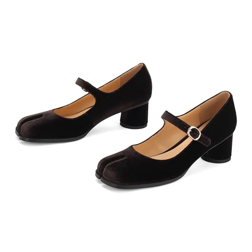 Image of Women Chunky Block High Heels Mary Janes Shoes Split Toe Tabi Shoes Ankle Strap Dress Pumps Shoes