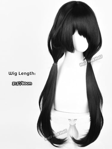 Image of Half and Half Kurumi Cosplay Wig Long Black Anime Low Ponytail Wigs with Side Part Bangs 31.5'' Black Pigtails Twin Tails Evil Elf Costume Wigs for Women Pary Halloween