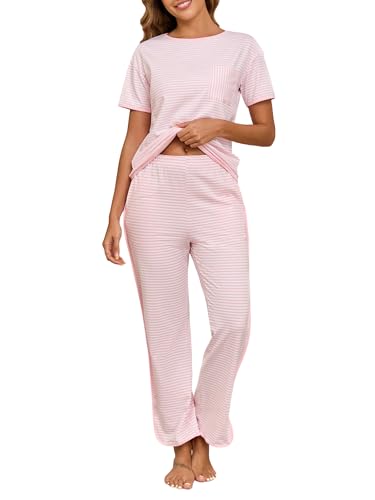 Donnalla Women's Pajama Sets Cotton 2 Piece Lounge Set Stripe Short Sleeve Pj Set Comfy Loungewear Sleepwear with Pocket
