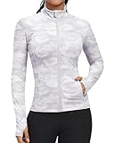 GYM RAINBOW Workout Jackets for Women, Full Zip Slim Fit Lightweight Athletic Running Sports Track Jacket with Pockets(2-White Camo,Medium)