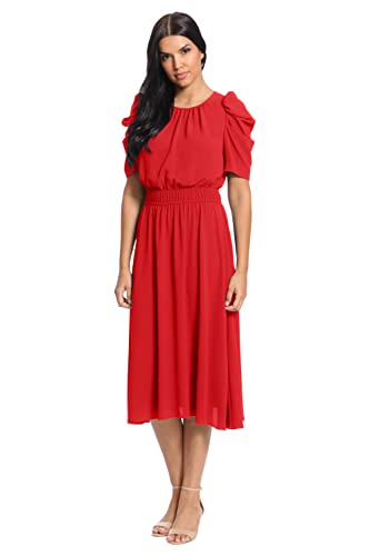Image of London Times Women's Caterpillar Puff Sleeve Midi Dress - Gathered Waist A-Line Flowy Summer Dress