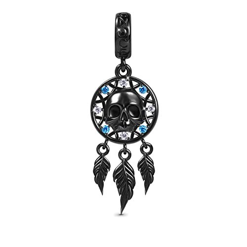 GNOCE Skull Dreamcatcher Pendant Charm 925 Sterling Silver Black Plated Dangle Charm Inlaid with CZ Stones Fit Bracelet/Necklace for Women Wife