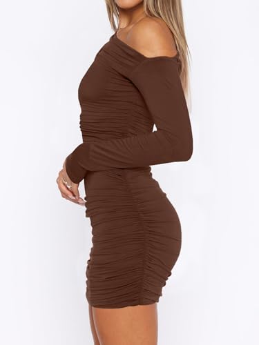 Women's Sexy Off Shoulder Long Sleeve Ruched Bodycon Elegant Cocktail Party Mini Dresses3