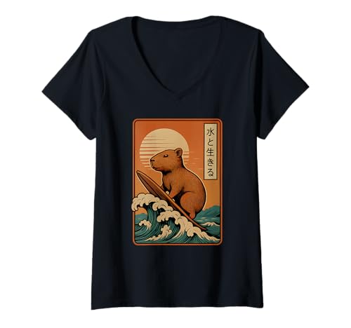 Femme Capybara Japonais Vague de Surf Great Wave Japon Hommes Femmes T-Shirt avec Col en V