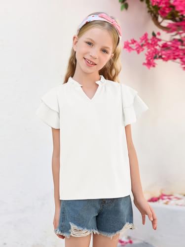 Haloumoning Girls Ruffle Short Sleeve T Shirts Casual V Neck Chiffon Blouse Cute Summer Tops 5-14Y2