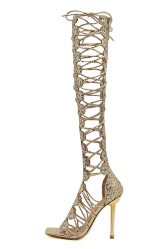 Image of STUPMARY Women Peep Toe Sandals Cut-outs Cross-tied Lace Up High Heeled Gladiator Sandals Zipper Over The Knee Bootie Summer
