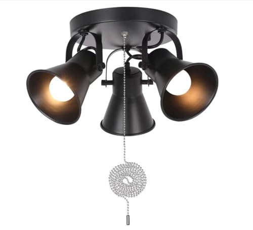 Image of 3-Light Industrial Track Lighting with Pull Chain On /Off Switch, Adjustable Round Kitchen Ceiling Light, Morden Black Flush Mount Directional Light for Kitchen, Hallway, Dining Room, Bathroom