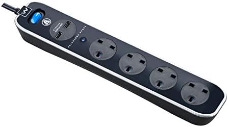 Masterplug SRGLSU42PB-MP Four Socket Switched Inline Power Surge Protected Extension Lead with Two USB Charging Ports, 2 Metres, Gloss Black