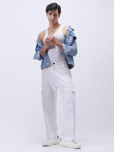Image of Urbano Fashion Men's Loose Mid Rise Baggy Fit Cargo Jeans with 6 Pockets Non-Stretchable