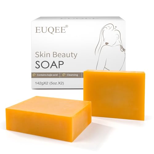 EUQEE Turmeric Kojic Acid Soap Bar - Vitamin C, Retinol & Collagen Infused for Skin Brightening, Acne Reduction & Dark Spot Removal | Coconut Oil & Tea Tree Oil | Foaming Net Included (2x142g)