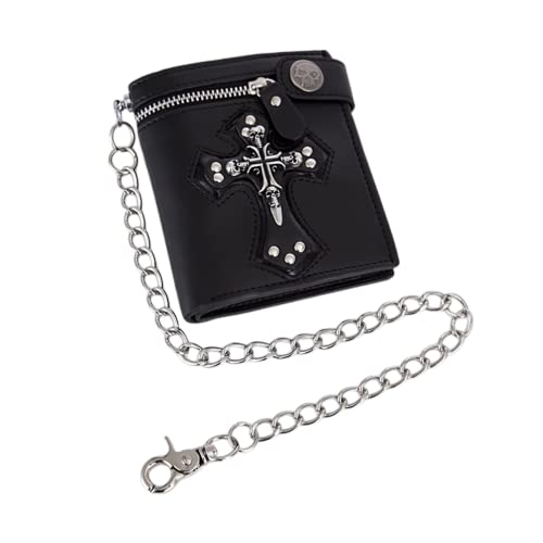 HeiBai Xiong Gothic Wallet With Chain Bifold Punk Cross Leather Biker Wallet Mall Goth Clasp